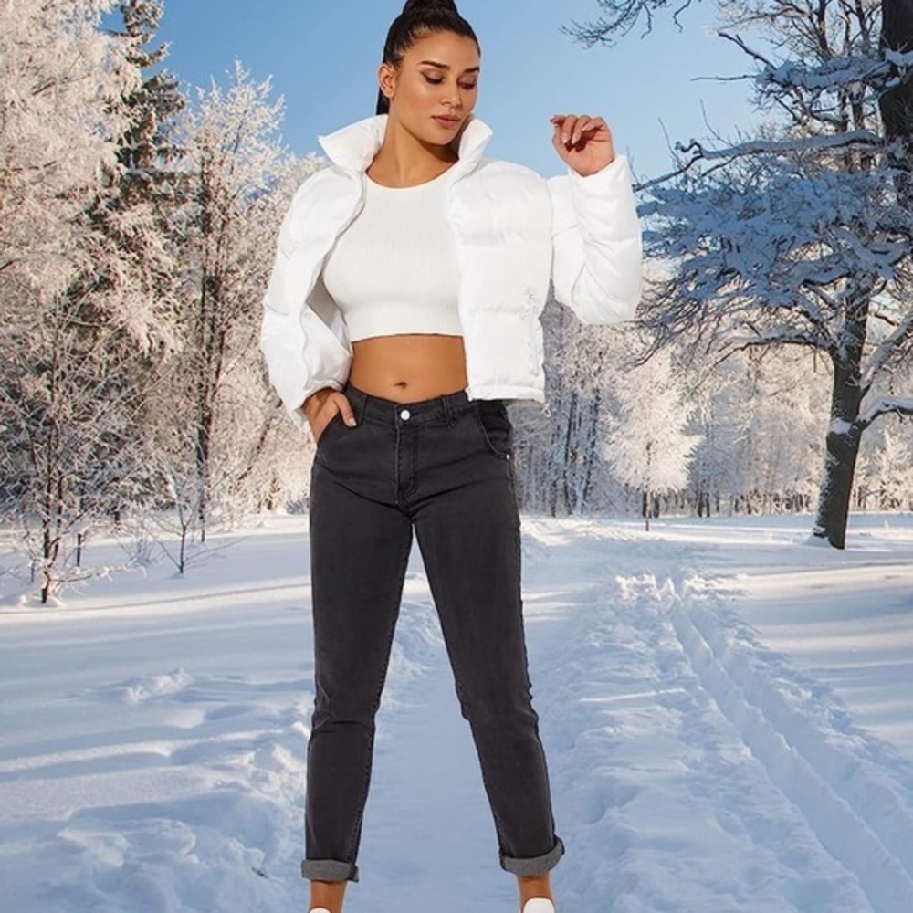 Women’s White Cropped Puffer Bomber Jacket - Brand